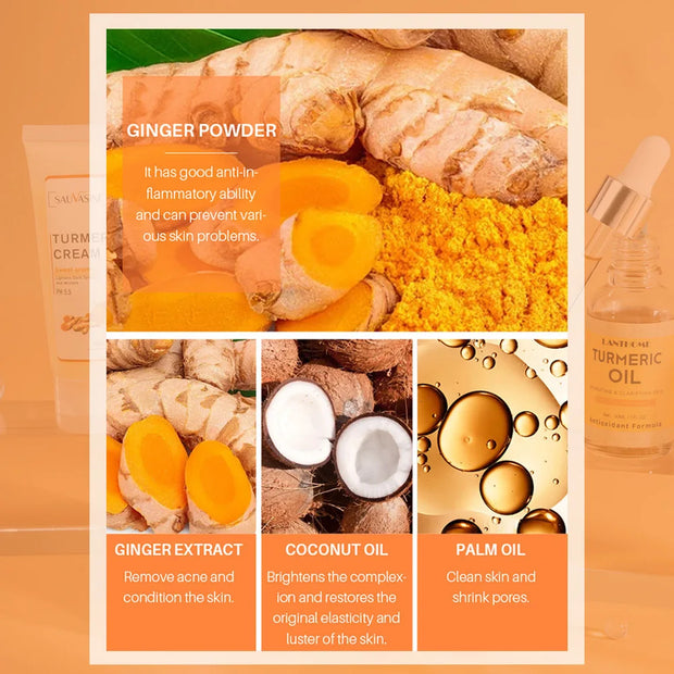 Turmeric Face Care Sets Turmeric Facial Acne Cleansing Cream Fade Dark Spots Turmeric Serum Anti-Aging Skin Moisturizing 5pcs